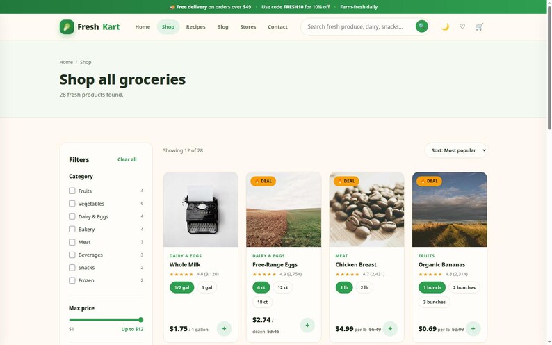 May include: A web interface for Fresh Kart showing a grocery shop page with a sidebar filter menu, a search bar, and product cards for Whole Milk, Free-Range Eggs, Chicken Breast, and Organic Bananas with pricing and ratings.