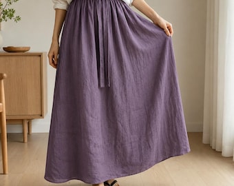 Falda midi de lino natural para mujer, falda maxi bohemia, falda de lino con cintura elástica, falda larga de verano, falda de corte A, falda minimalista hecha a mano, 89-93 cm