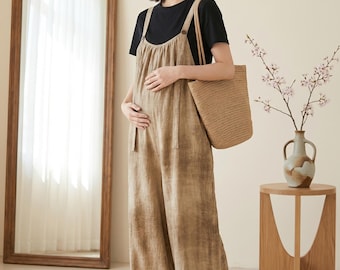 Linen Maternity Overalls Set, Boho Wide Leg Jumpsuit & T-Shirt, Loose Fit Pregnancy Romper, Casual Cotton Dungarees, Expecting Mom Gift