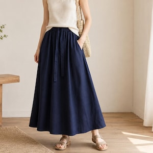 Marinblå linnekjol för kvinnor, A-linjekjol med dragsko i midjan, långkjol i naturlig linne, sommarkjol med resår i midjan, minimalistisk boho-stil, present