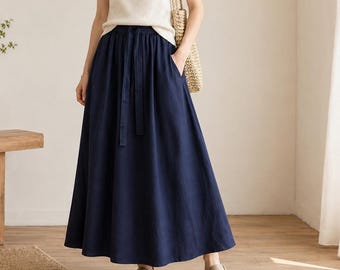 Navy Linen Maxi Skirt Women, Drawstring Waist A Line Skirt, Natural Linen Long Skirt, Elastic Waist Summer Skirt, Minimalist Boho Style Gift