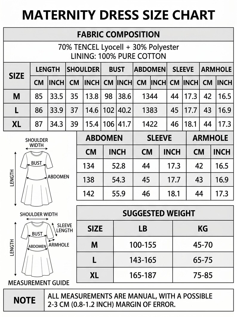 May include: A black and white maternity dress size chart featuring fabric composition of 70% Tencel Lyocell, 30% polyester, and 100% cotton lining. It includes tables for sizes M, L, and XL with measurements in inches and centimeters, plus a guide.