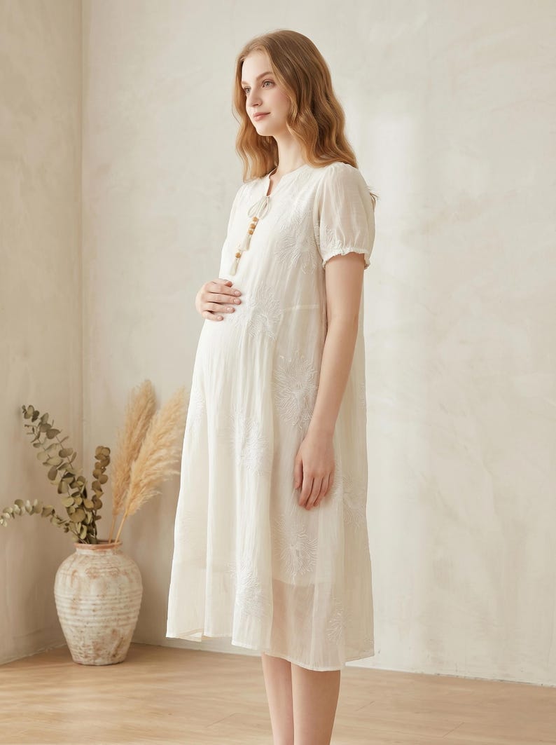 Boho Embroidered Maternity Dress, Flowy Tencel Pregnancy Gown, Minimalist Baby Shower Dress, Cottagecore Postpartum Summer Dress for Women image 1