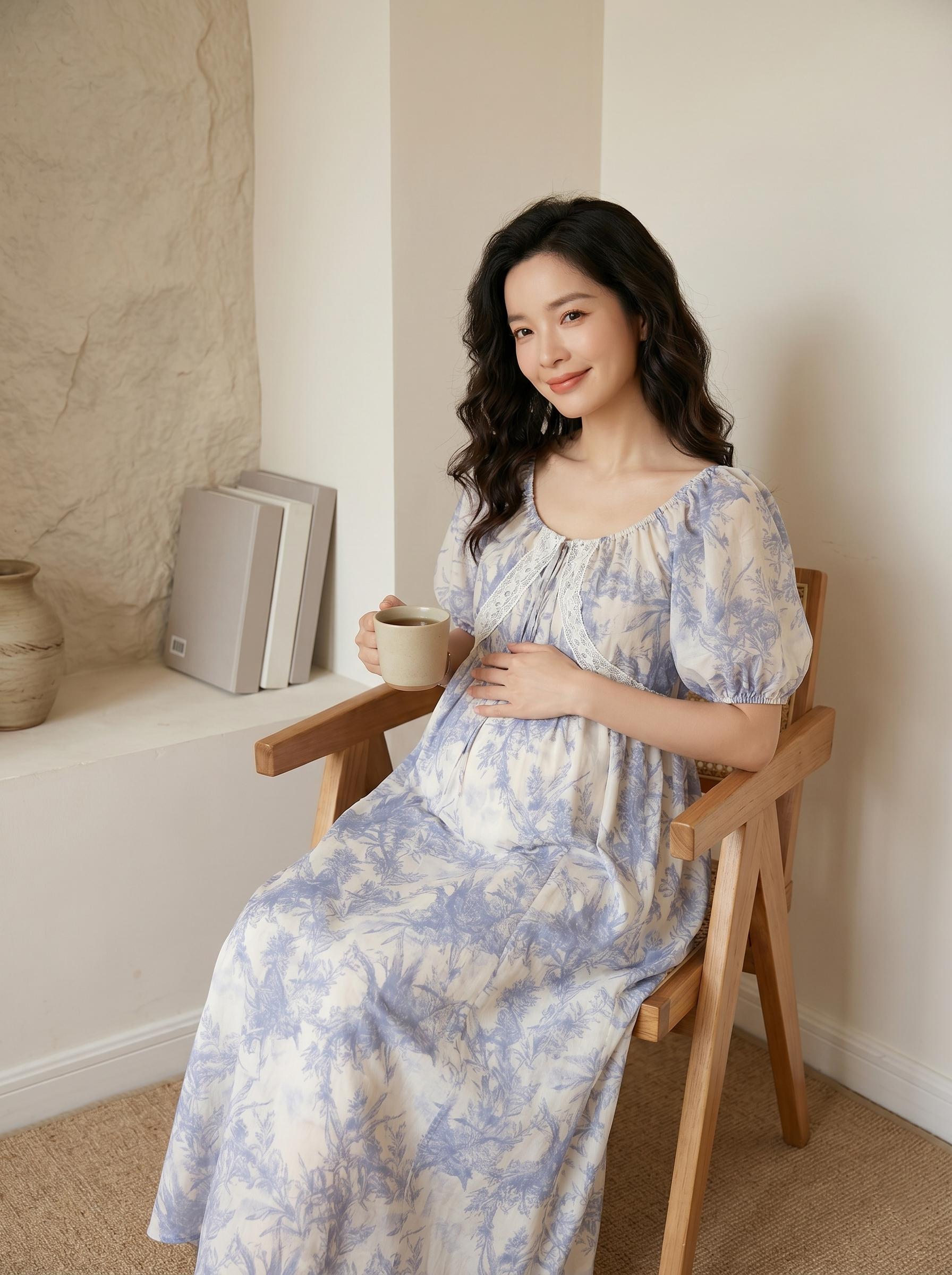 blue toile maternity dress Ruffle Strap Labor & Delivery Gown