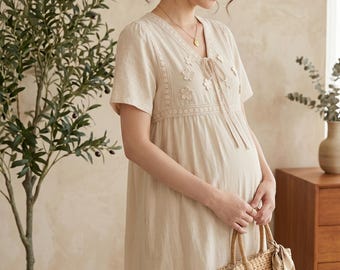 Boho Floral Maternity Dress Cottagecore Pregnancy Gown Linen Blend Baby Shower Dress Neutral Maternity Photoshoot Summer Dress V-Neck Midi