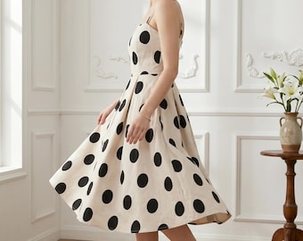 Vintage 1950s Polka Dot Swing Dress, Retro Beige Midi Sundress for Women, Spaghetti Strap Summer Party Dress, French Chic Pin Up Aesthetic
