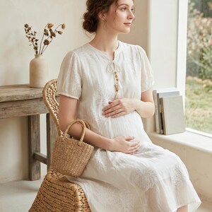 Boho Embroidered Maternity Dress, Flowy Tencel Pregnancy Gown, Minimalist Baby Shower Dress, Cottagecore Postpartum Summer Dress for Women image 6