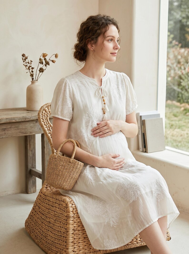 Boho Embroidered Maternity Dress, Flowy Tencel Pregnancy Gown, Minimalist Baby Shower Dress, Cottagecore Postpartum Summer Dress for Women image 6