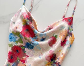 Floral Slip Dress, Cowl Neck Midi Dress, Watercolor Floral Chiffon Dress, Summer Wedding Guest Outfit, Garden Party Spaghetti Strap Dress