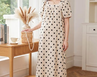 Polka Dot Maternity Dress, Square Neck Summer Cotton Linen Dress, Boho Casual Pregnancy Dress, Flowy Nursing Friendly Dress,Cottagecore Gift