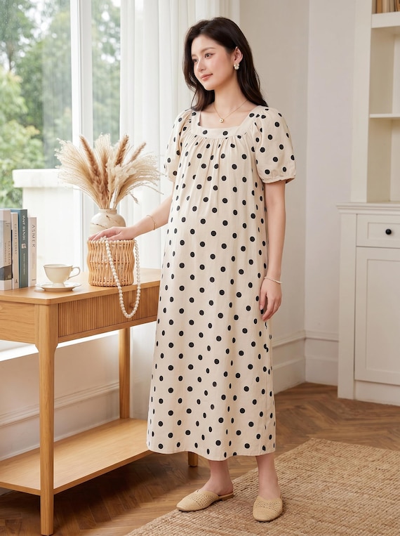 Polka Dot Maternity Dress, Square Neck Summer Cotton Linen Dress, Boho Casual Pregnancy Dress, Flowy Nursing Friendly Dress,Cottagecore Gift