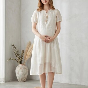 Boho Embroidered Maternity Dress, Flowy Tencel Pregnancy Gown, Minimalist Baby Shower Dress, Cottagecore Postpartum Summer Dress for Women image 4