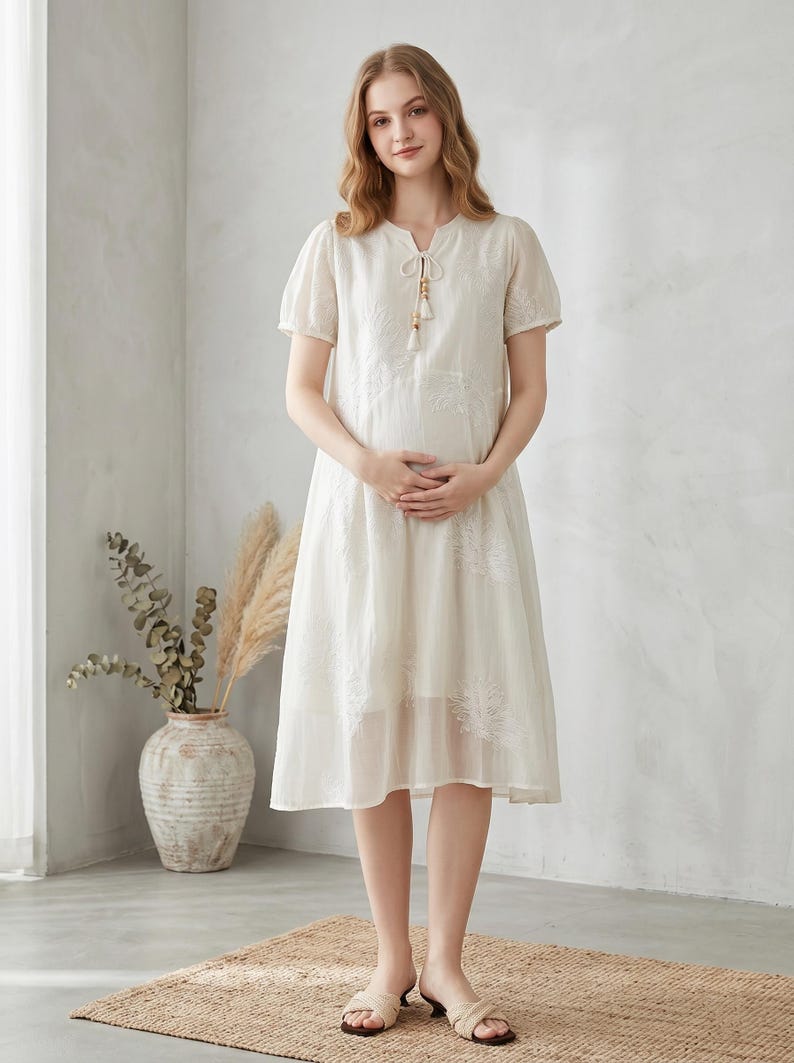 Boho Embroidered Maternity Dress, Flowy Tencel Pregnancy Gown, Minimalist Baby Shower Dress, Cottagecore Postpartum Summer Dress for Women image 4