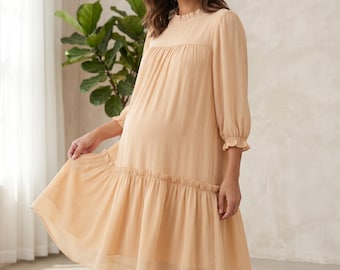 Flowy Tencel Maternity Dress, Neutral Minimalist Pregnancy Gown, Modest Long Sleeve Baby Shower Dress, Elegant High Neck Maternity Wear