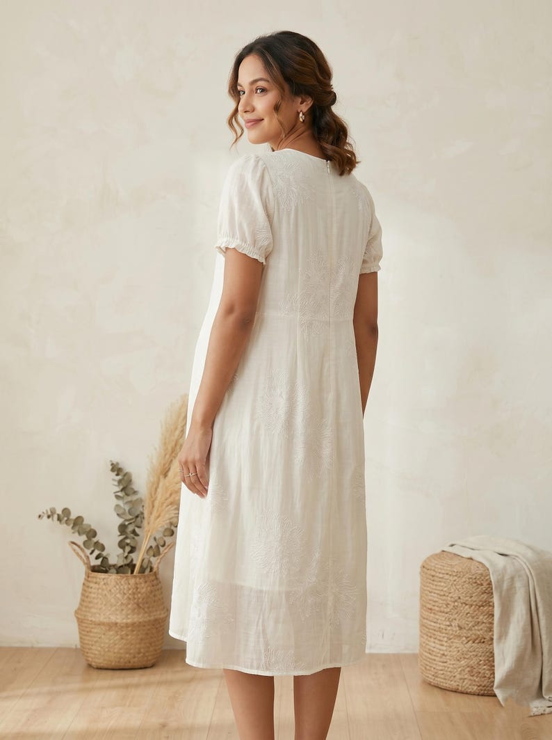 Boho Embroidered Maternity Dress, Flowy Tencel Pregnancy Gown, Minimalist Baby Shower Dress, Cottagecore Postpartum Summer Dress for Women image 2