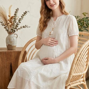 Boho Embroidered Maternity Dress, Flowy Tencel Pregnancy Gown, Minimalist Baby Shower Dress, Cottagecore Postpartum Summer Dress for Women image 8