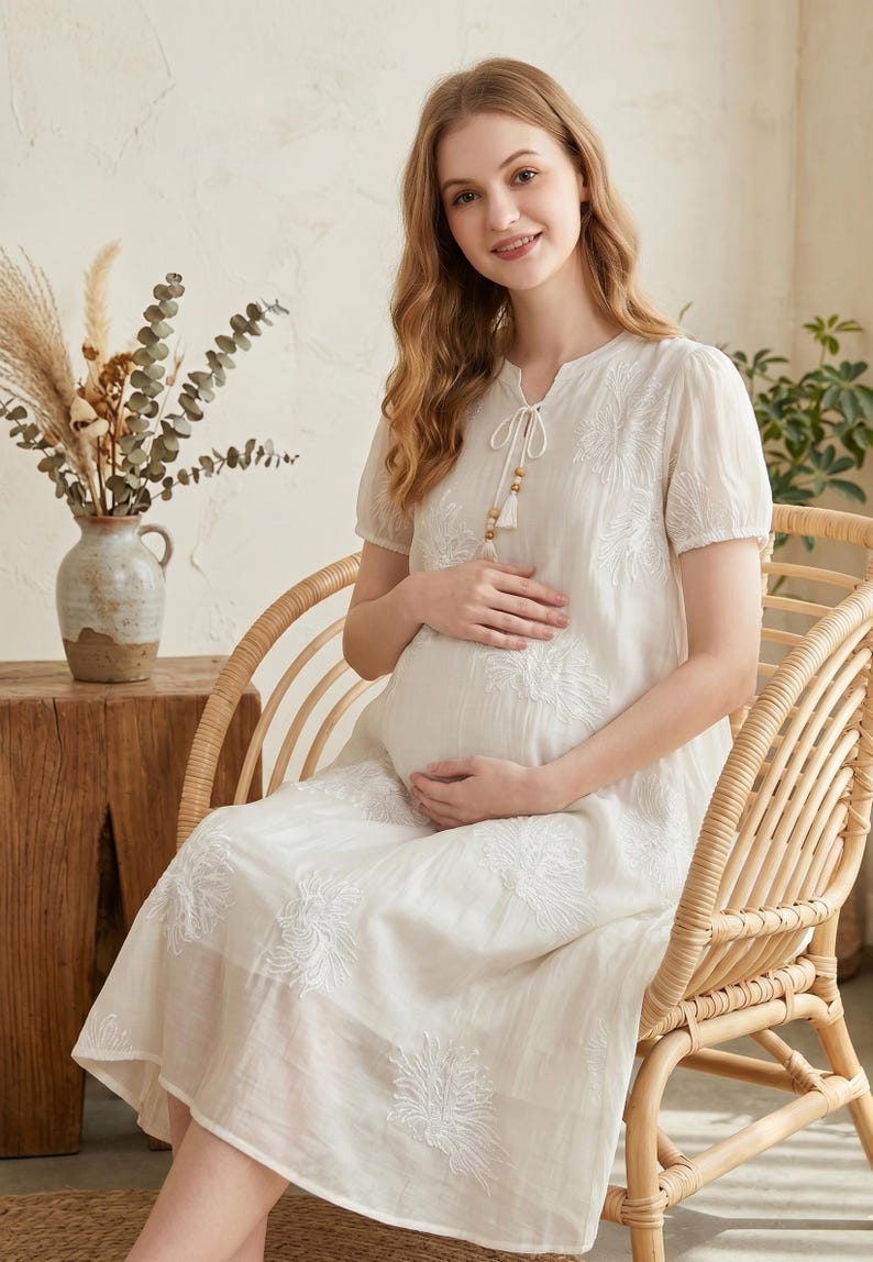 Boho Embroidered Maternity Dress, Flowy Tencel Pregnancy Gown, Minimalist Baby Shower Dress, Cottagecore Postpartum Summer Dress for Women image 8