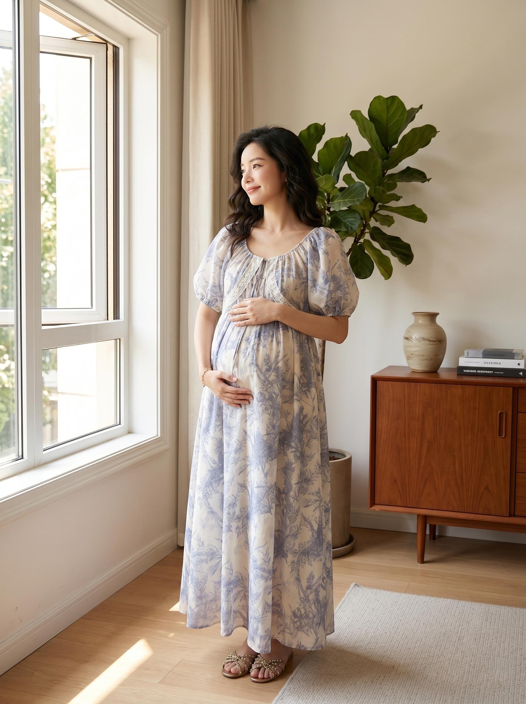Blue Toile Floral Maternity Dress Cottagecore Maxi Pregnancy Outfit Puff Sleeve Baby Shower Gown Vintage Summer Boho Pregnant Photoshoot