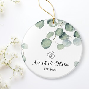 Green Eucalyptus Wedding Ornament,  Ceramic Decoration, Personalized Names & Est. Date, Customize Gift Basket Baubles, wedding ring, Couple