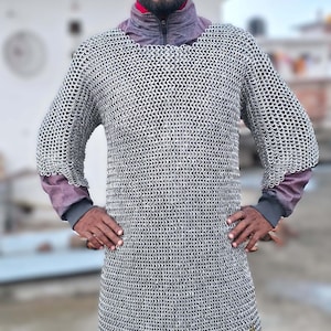 May include: A silver chainmail shirt with long sleeves and a decorative gold trim at the hem. The shirt is worn over a purple and gray long-sleeved garment. The image shows a person wearing the chainmail shirt.