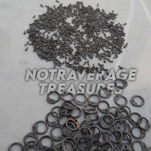 Puede incluir: Una colección de pequeños sujetadores metálicos oscuros y herrajes circulares. La imagen presenta un montón de pequeños tornillos y un grupo de piezas metálicas circulares con agujeros, todo esparcido sobre una superficie clara. El texto "NOTRAVERAGE TREASURES" es visible.
