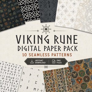 Puede incluir: Un paquete de papel digital con 10 patrones sin costuras con diseños de runas vikingas y nudos. El texto dice VIKING RUNE DIGITAL PAPER PACK 10 SEAMLESS PATTERNS INSTANT DOWNLOAD PNG FILES. Los patrones incluyen tonos negros, blancos y tierra.
