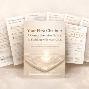 May include: A book titled "Your First Chatbot: A Comprehensive Guide to Building with ManyChat" is surrounded by several open pages. The book cover features a soft, neutral color palette with a glowing light. The open pages display text and diagrams.