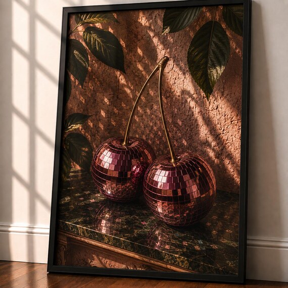 Disco Cherry Wall Art, Luxury Maximalist Decor Print, Moody Retro Glam Poster, Burgundy Mirror Cherry Artwork Decor Chic Interiors Style