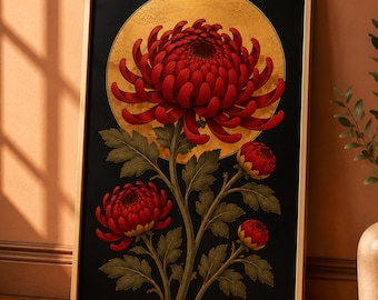 Chrysanthemum Wall Art, Japanese Floral Print, Red Flower Botanical Poster, Black Gold Wall Decor, Oriental Flower Art, Statement Wall Art
