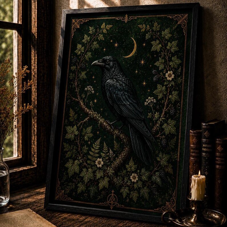 May include: A framed rectangular wall art print featuring a black raven perched on a branch amidst green foliage, white flowers, and a golden crescent moon with stars against a dark background, enclosed in a simple black wooden frame.