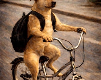 Dog Riding Bike Oil Painting Print, Surreal Animal Wall Art, Funny Aesthetic Decor, Vintage Style Canvas Art, Unique Gift Idea
