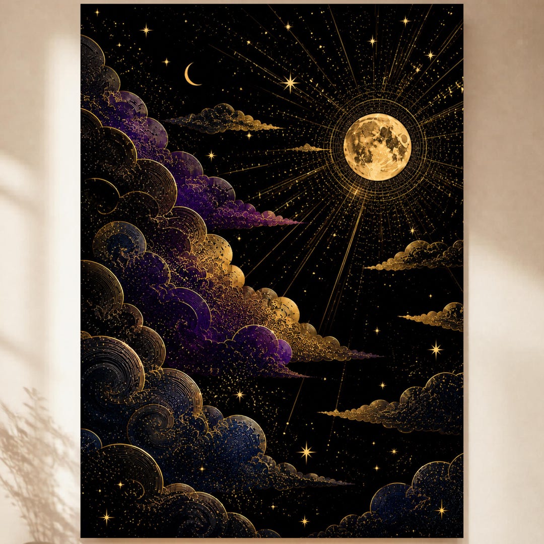 Moon Wall Art, Night Sky Print, Celestial Decor, Gold Cloud Wall Art ...
