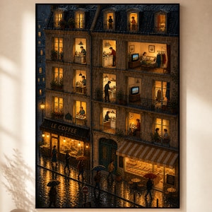 May include: An artistic print of a Parisian street scene during a rainstorm. The image depicts a multi-story building with lit windows, showcasing people inside. The street level features a coffee shop and a bakery, with pedestrians holding umbrellas.