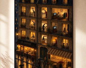 Cozy Rainy City Wall Art, Warm Window Apartment Print, Paris Street Night Scene, Aesthetic Cozy Home Decor, Golden Light City Illustration