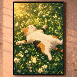 May include: A framed art print shows a calico cat relaxing in a meadow of green grass and white flowers. The cat has orange, black, and white fur. Yellow butterflies are flying around the cat and flowers, illuminated by sunlight.