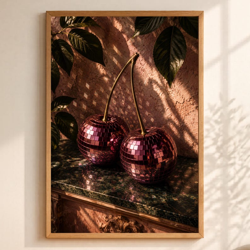 May include: A framed art print featuring two decorative cherries. The cherries are covered in small, reflective pink tiles, with gold stems. The background includes green leaves and a textured wall, with sunlight casting shadows.
