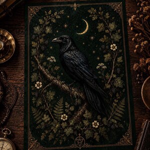 May include: A rectangular print featuring a black raven perched on a textured branch, surrounded by a dark green botanical frame of leaves, small white flowers, and berries, with a golden crescent moon and stars in the background.