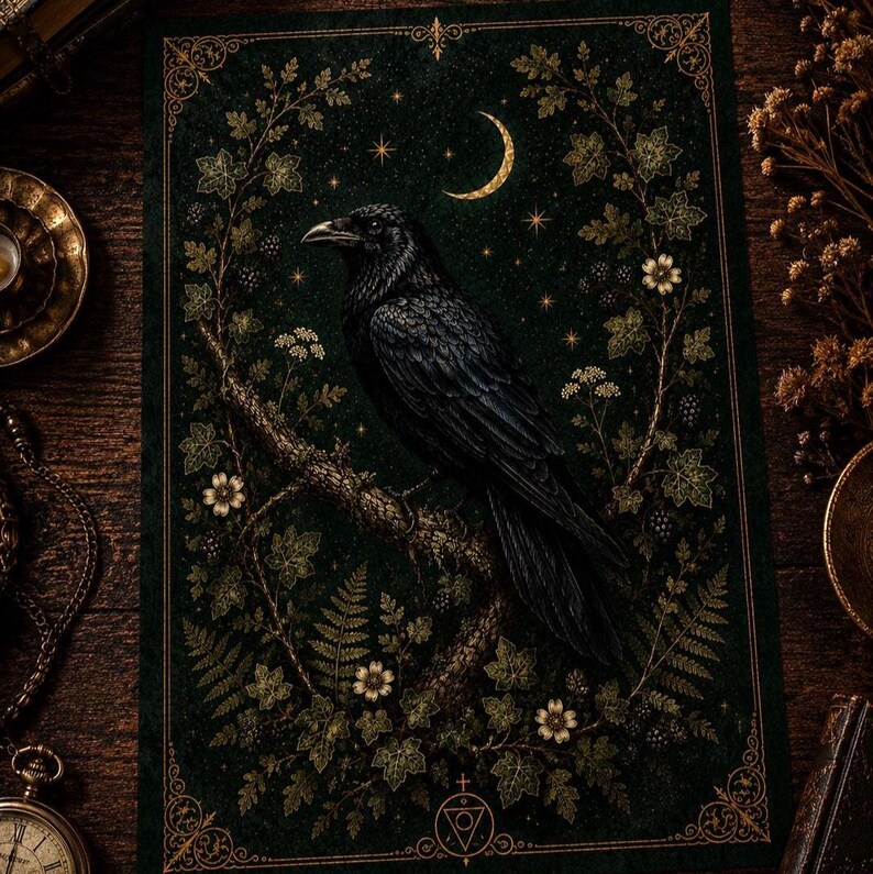May include: A rectangular print featuring a black raven perched on a textured branch, surrounded by a dark green botanical frame of leaves, small white flowers, and berries, with a golden crescent moon and stars in the background.