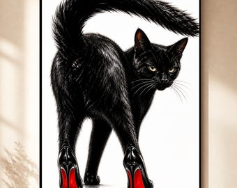 Sassy Black Cat Wall Art, High Heel Cat Print, Funny Attitude Cat Poster, Minimalist Fashion Animal Art, Bold Statement Decor