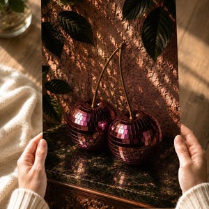 May include: Two decorative cherries with a disco ball design. The cherries are a deep pink color and have a gold stem. The image is held by a person and is set against a textured background.