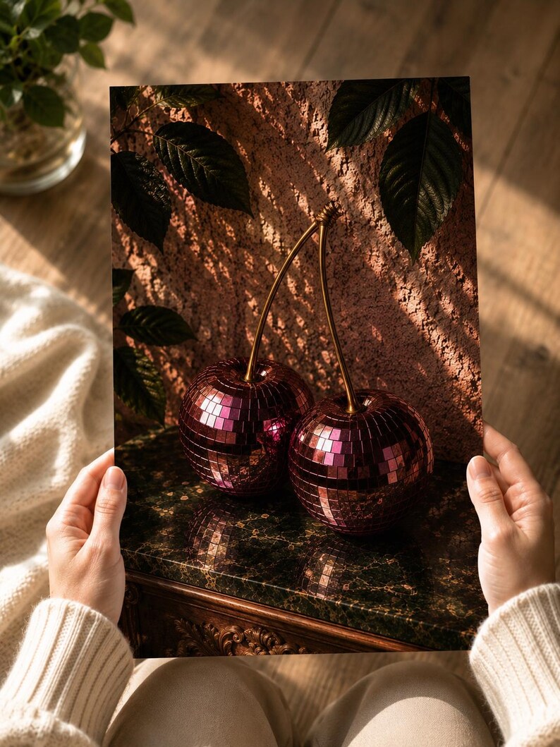 May include: Two decorative cherries with a disco ball design. The cherries are a deep pink color and have a gold stem. The image is held by a person and is set against a textured background.