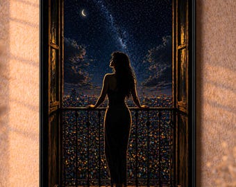Cinematic Night Window Wall Art Woman Silhouette City Lights Print Moonlit Sky Aesthetic Bedroom Decor Modern Romantic Artwork
