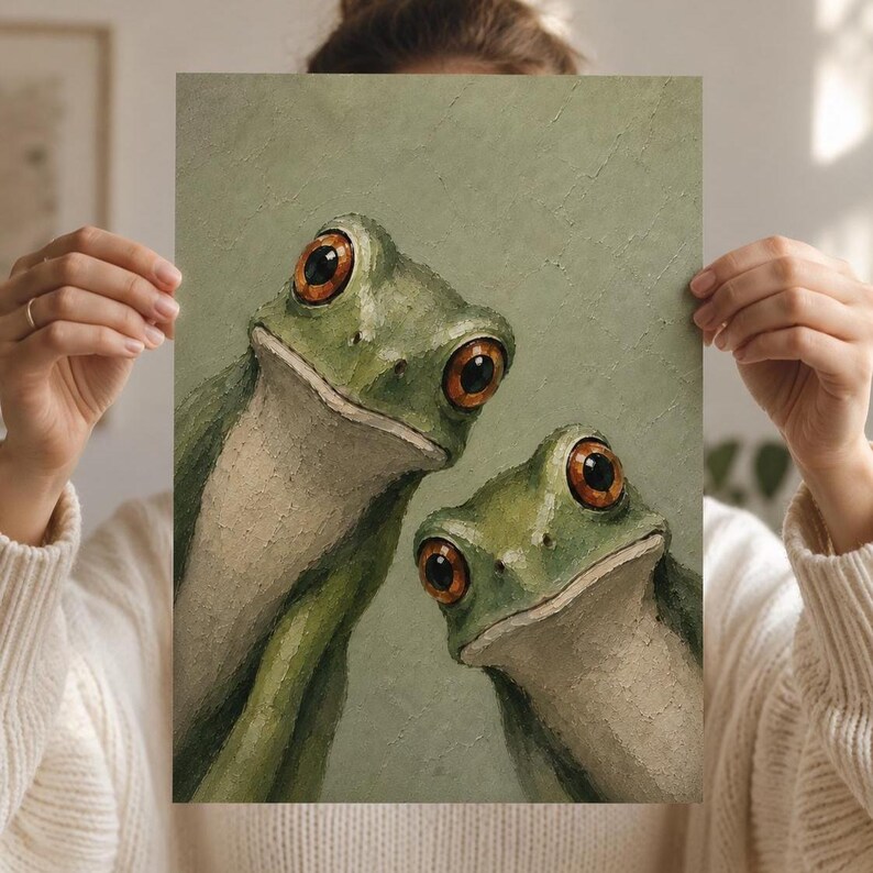 May include: A green and beige frog art print featuring two frogs with large, orange eyes. The artwork has a textured appearance and is set against a muted green background. The frogs are the focal point, with detailed facial features.