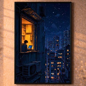 Puede incluir: Una impresión artística que representa a una persona trabajando en un portátil en una ventana iluminada con vistas a un paisaje urbano nocturno. La escena se desarrolla sobre un fondo de cielo estrellado y edificios iluminados, creando un contraste de luz y sombra.