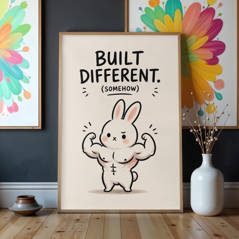 Built Different Somehow Bunny Poster Cute Rabbit Wall Art Funny ...