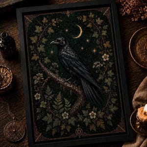 Dark academia raven wall art featuring a detailed black raven perched on a textured woodland branch surrounded by ivy leaves, blackberries, delicate botanical flowers, a crescent moon and golden stars against a deep emerald green background with an ornate antique gold border. Vintage natural history inspired illustration perfect for gothic home decor, witchcore interiors, cottagecore bedrooms, reading nooks, home libraries, Victorian aesthetic walls and botanical gallery displays.