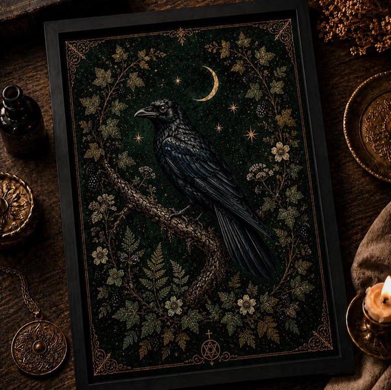 Dark Academia Raven Wall Art, Gothic Raven Print, Botanical Bird Poster, Vintage Nature Decor, Witchy Forest Artwork, Vintage Aesthetic