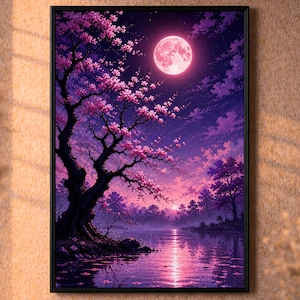 Stampa artistica da parete con luna e fiori di ciliegio, paesaggio notturno rosa, decorazione con riflesso calmo sul lago, arte murale naturalistica estetica, decorazione per la camera da letto
