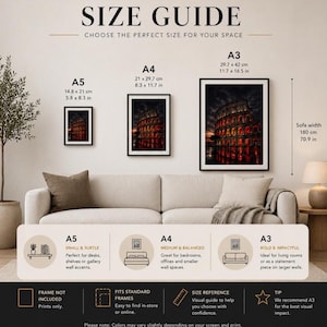 May include: A size guide infographic for wall art prints, displaying three framed images of the Colosseum in A5, A4, and A3 sizes. Dimensions are listed in inches and centimeters, with a sofa width reference of 70.9 inches for scale.