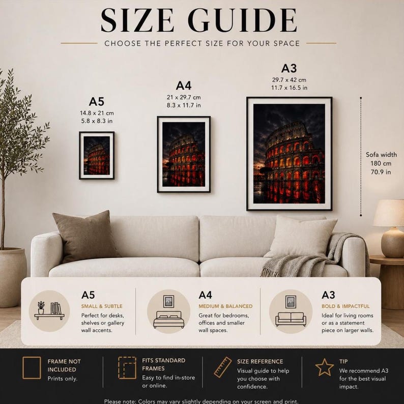 May include: A size guide infographic for wall art prints, displaying three framed images of the Colosseum in A5, A4, and A3 sizes. Dimensions are listed in inches and centimeters, with a sofa width reference of 70.9 inches for scale.